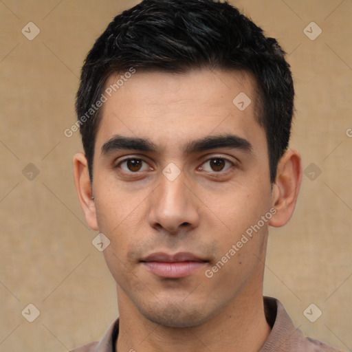 Neutral asian young-adult male with short  black hair and brown eyes