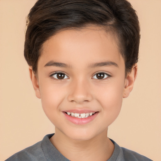 Joyful white child female with short  brown hair and brown eyes