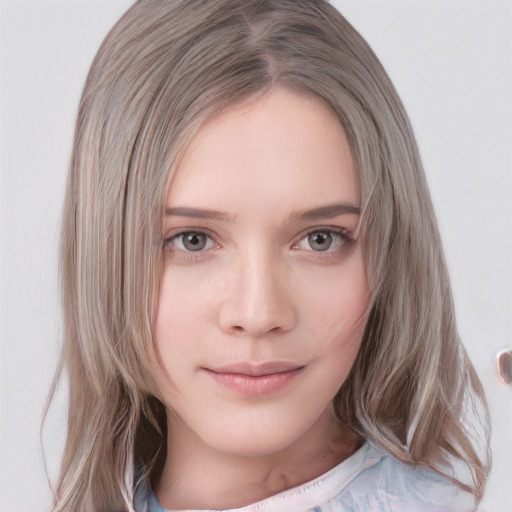 Neutral white young-adult female with medium  brown hair and grey eyes