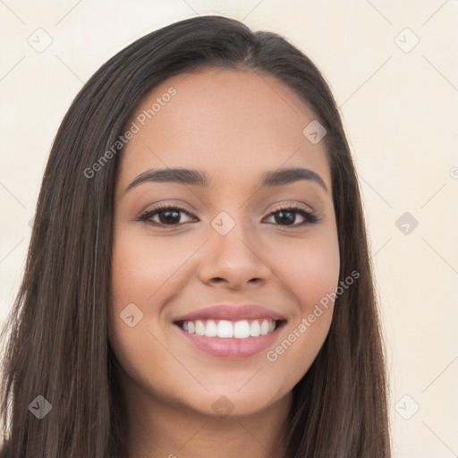 Joyful white young-adult female with long  brown hair and brown eyes