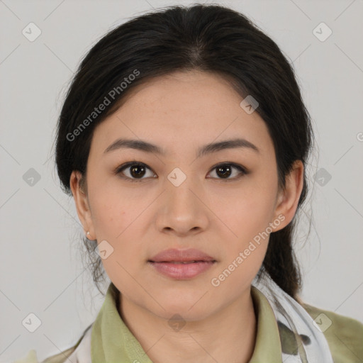 Joyful asian young-adult female with medium  brown hair and brown eyes