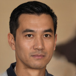 Neutral asian young-adult male with short  black hair and brown eyes