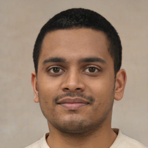 Neutral black young-adult male with short  black hair and brown eyes