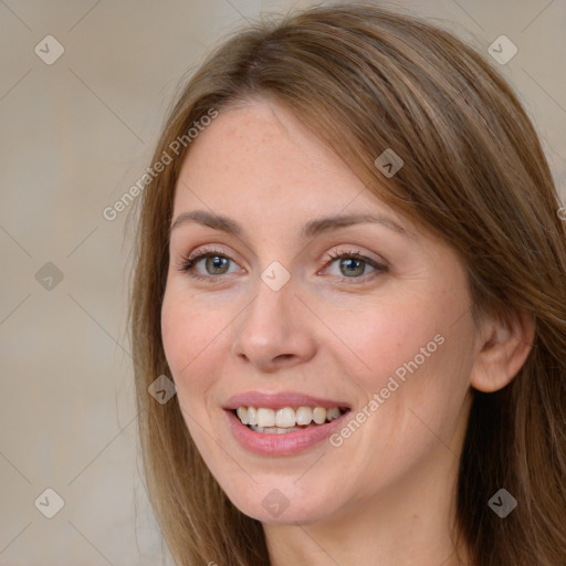 Joyful white young-adult female with long  brown hair and grey eyes