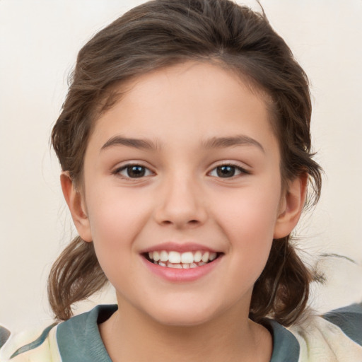 Joyful white child female with medium  brown hair and brown eyes