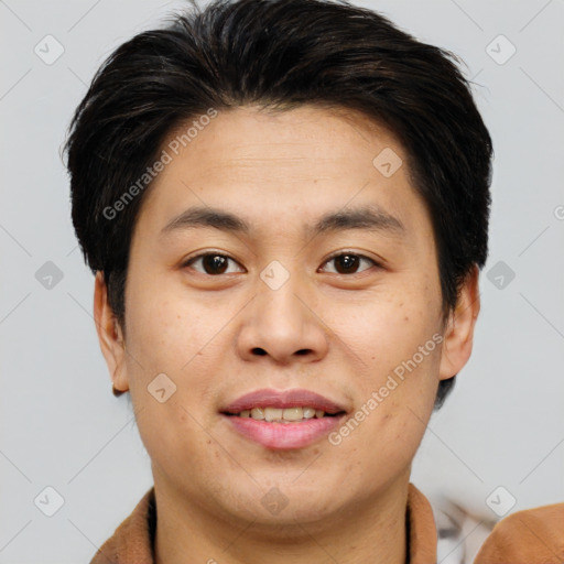 Joyful asian young-adult male with short  brown hair and brown eyes