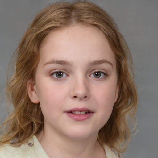 Neutral white child female with medium  brown hair and blue eyes