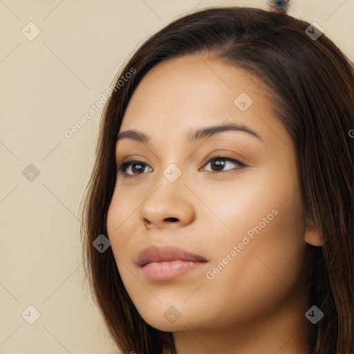 Neutral white young-adult female with long  brown hair and brown eyes