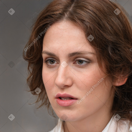 Neutral white young-adult female with medium  brown hair and brown eyes