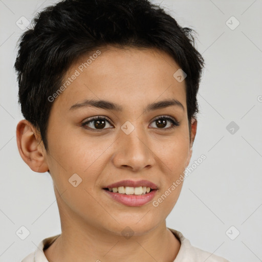 Joyful white young-adult female with short  brown hair and brown eyes