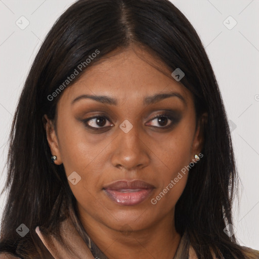 Joyful asian young-adult female with long  brown hair and brown eyes