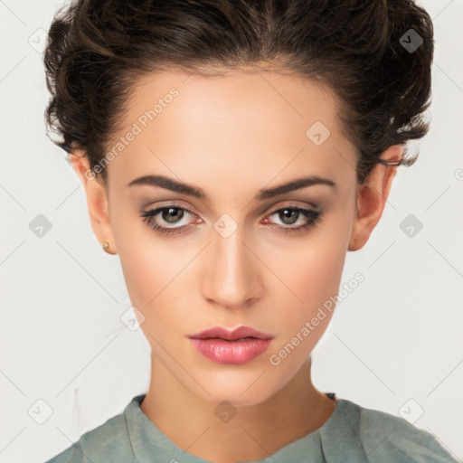 Neutral white young-adult female with short  brown hair and brown eyes