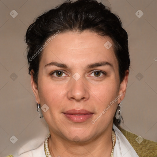 Joyful white adult female with short  brown hair and brown eyes