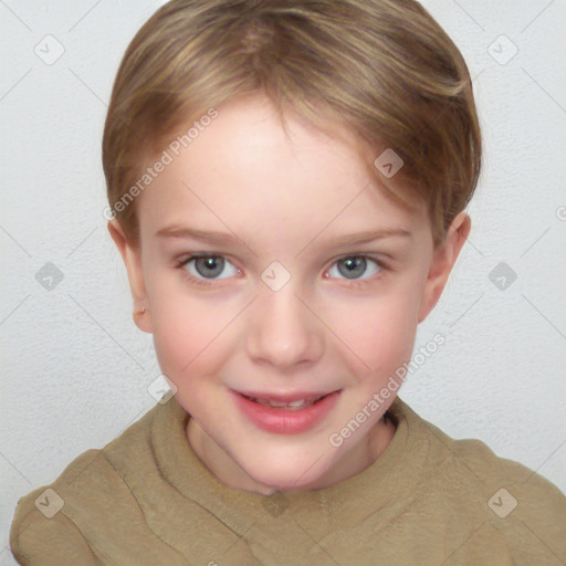 Joyful white child female with short  brown hair and brown eyes