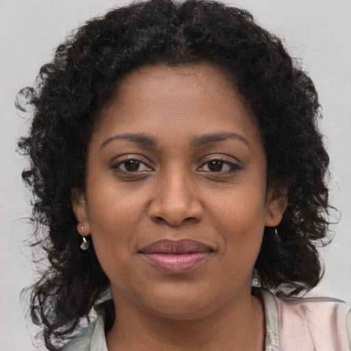 Joyful black young-adult female with long  brown hair and brown eyes