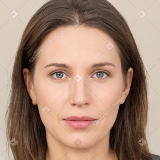 Neutral white young-adult female with long  brown hair and grey eyes