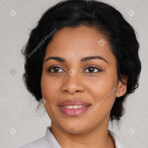 Joyful latino young-adult female with medium  black hair and brown eyes