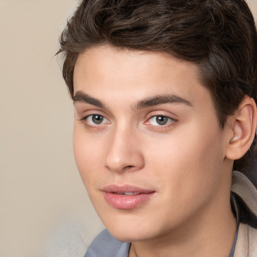 Joyful white young-adult male with medium  brown hair and brown eyes