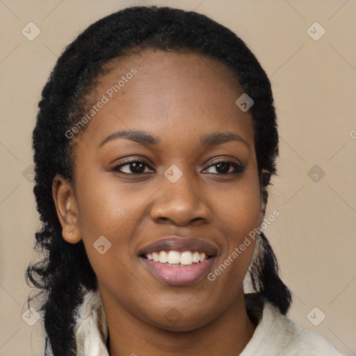 Joyful black young-adult female with medium  black hair and brown eyes