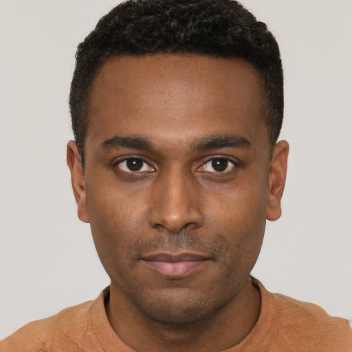 Neutral black young-adult male with short  black hair and brown eyes