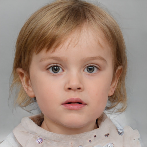 Neutral white child female with medium  brown hair and blue eyes