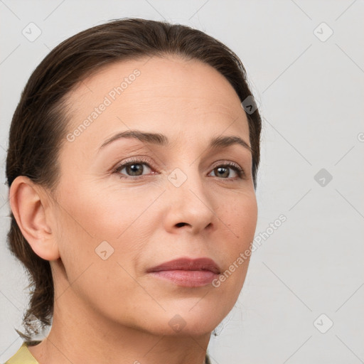 Neutral white young-adult female with medium  brown hair and brown eyes