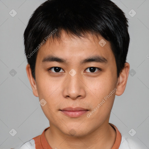 Neutral asian young-adult male with short  brown hair and brown eyes