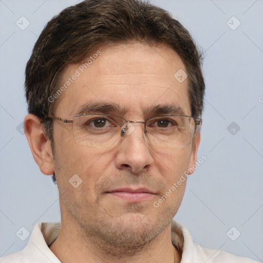 Neutral white adult male with short  brown hair and brown eyes