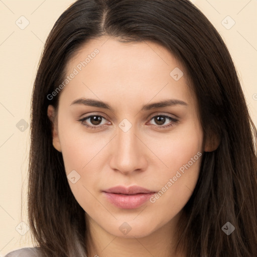 Neutral white young-adult female with long  brown hair and brown eyes