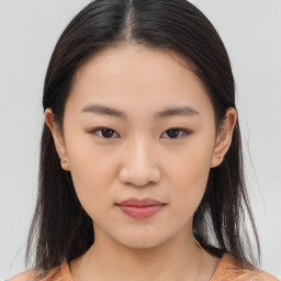 Neutral asian young-adult female with long  brown hair and brown eyes