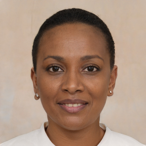 Joyful black young-adult female with short  black hair and brown eyes