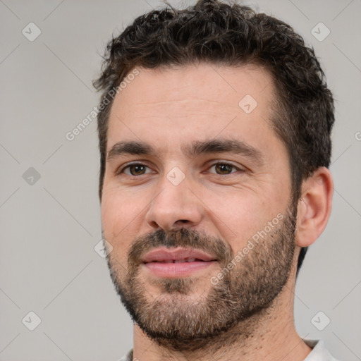 Neutral white young-adult male with short  black hair and brown eyes