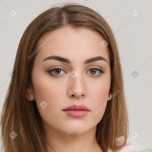 Neutral white young-adult female with long  brown hair and brown eyes