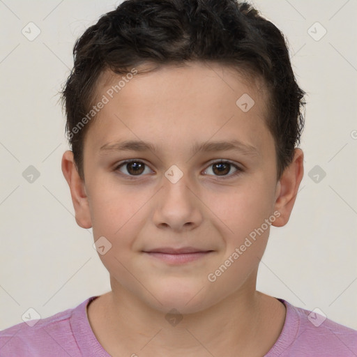 Joyful white child male with short  brown hair and brown eyes