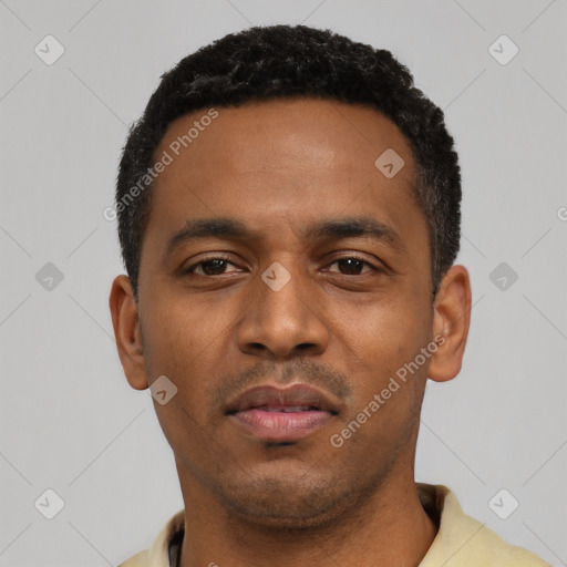 Neutral black young-adult male with short  black hair and brown eyes