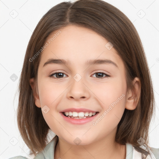 Joyful white child female with medium  brown hair and brown eyes