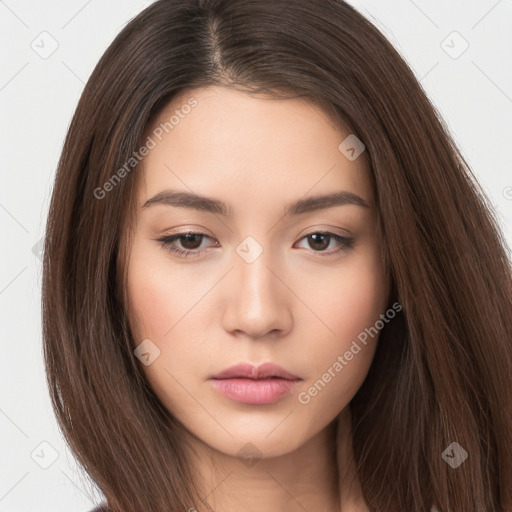 Neutral white young-adult female with long  brown hair and brown eyes