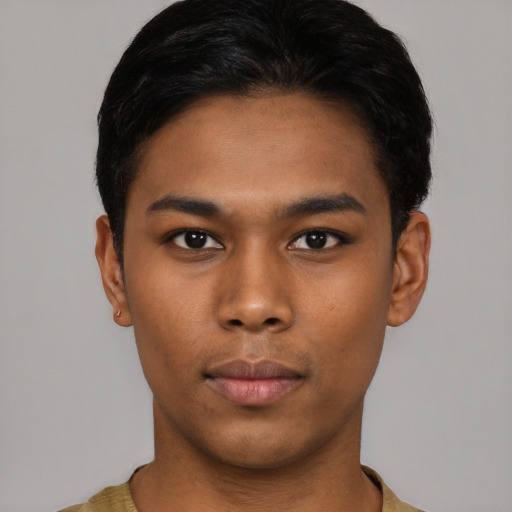 Neutral asian young-adult male with short  black hair and brown eyes