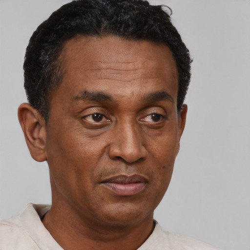 Neutral black adult male with short  black hair and brown eyes