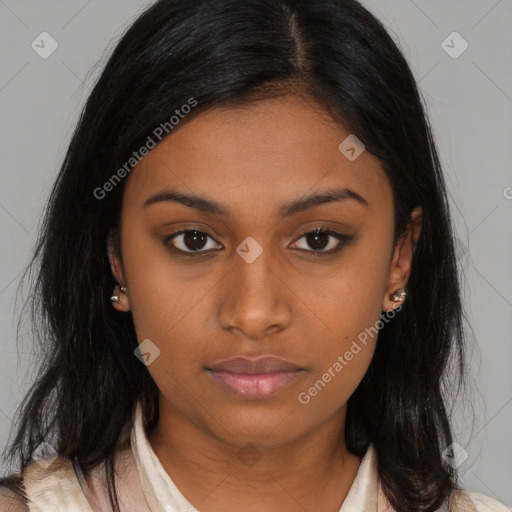 Neutral asian young-adult female with medium  brown hair and brown eyes