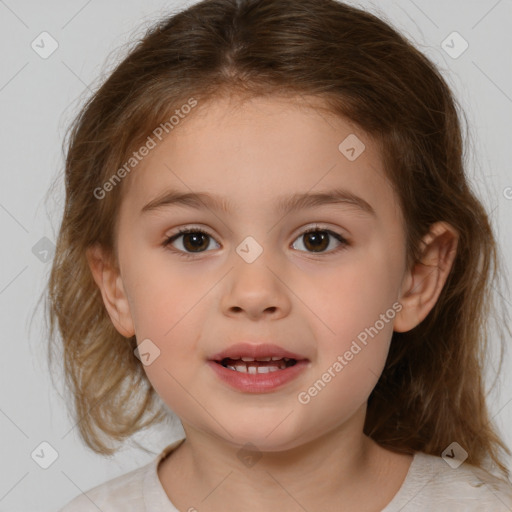 Joyful white child female with medium  brown hair and brown eyes