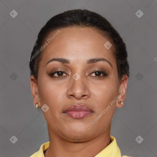 Joyful latino young-adult female with short  brown hair and brown eyes