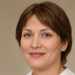 Joyful white adult female with medium  brown hair and brown eyes