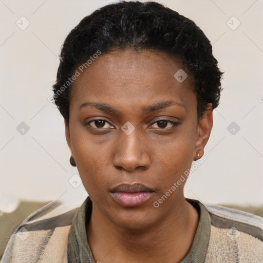 Neutral black young-adult female with short  black hair and brown eyes