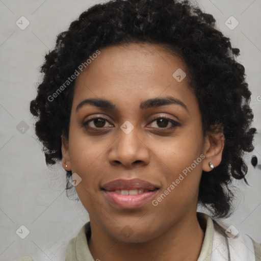 Joyful black young-adult female with medium  black hair and brown eyes