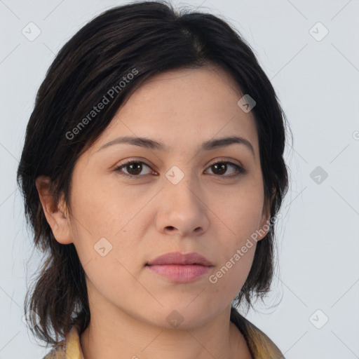 Neutral asian young-adult female with medium  brown hair and brown eyes