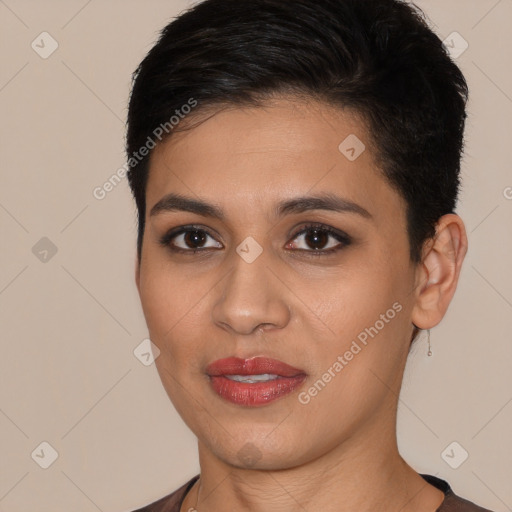 Joyful white young-adult female with short  brown hair and brown eyes