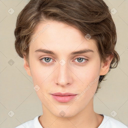 Neutral white young-adult female with medium  brown hair and brown eyes