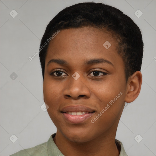 Joyful black young-adult female with short  black hair and brown eyes