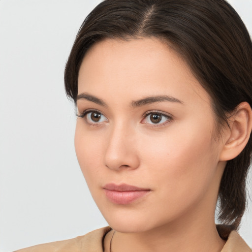 Neutral white young-adult female with long  brown hair and brown eyes